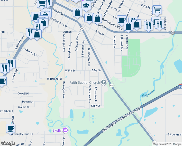 map of restaurants, bars, coffee shops, grocery stores, and more near 706 South Choctaw Avenue in Claremore