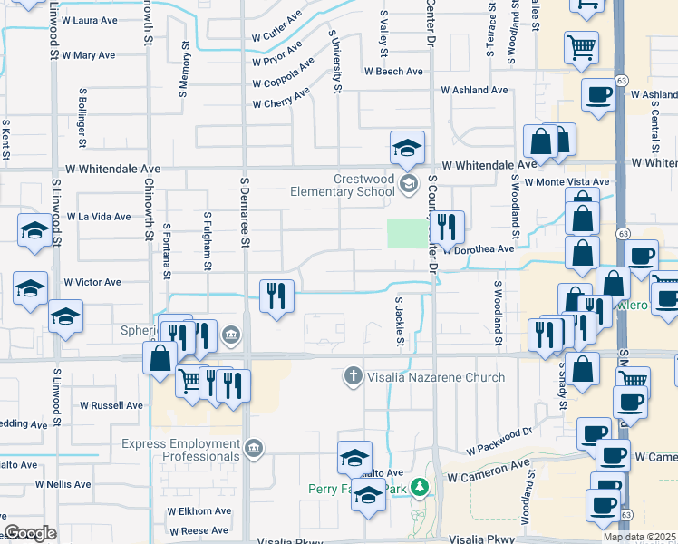 map of restaurants, bars, coffee shops, grocery stores, and more near 3239 West Victor Avenue in Visalia