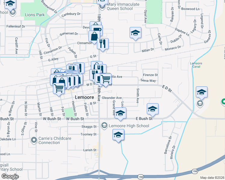 map of restaurants, bars, coffee shops, grocery stores, and more near 55 East D Street in Lemoore
