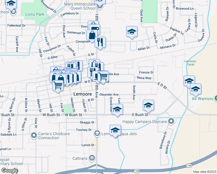 map of restaurants, bars, coffee shops, grocery stores, and more near 55 East D Street in Lemoore
