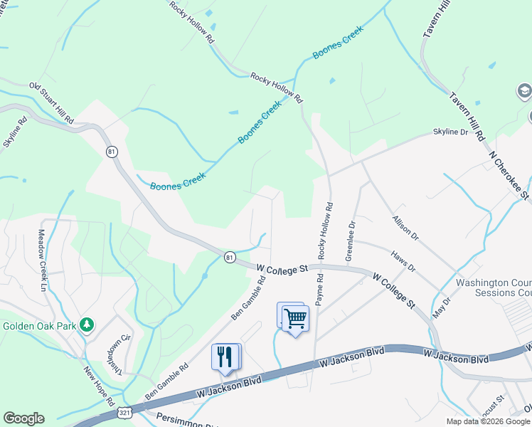 map of restaurants, bars, coffee shops, grocery stores, and more near 143 Anderson Road in Jonesborough