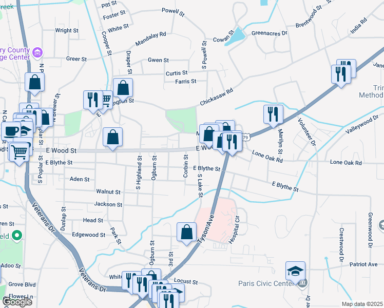 map of restaurants, bars, coffee shops, grocery stores, and more near 823 E Wood St in Paris