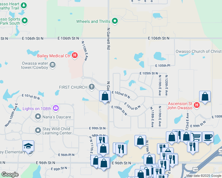 map of restaurants, bars, coffee shops, grocery stores, and more near 10202 North 114th East Avenue in Owasso
