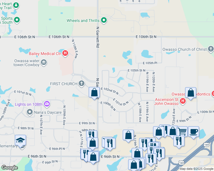 map of restaurants, bars, coffee shops, grocery stores, and more near 10202 North 115th East Avenue in Owasso