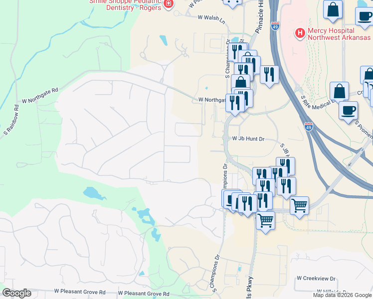 map of restaurants, bars, coffee shops, grocery stores, and more near 10 West Wembly Drive in Rogers