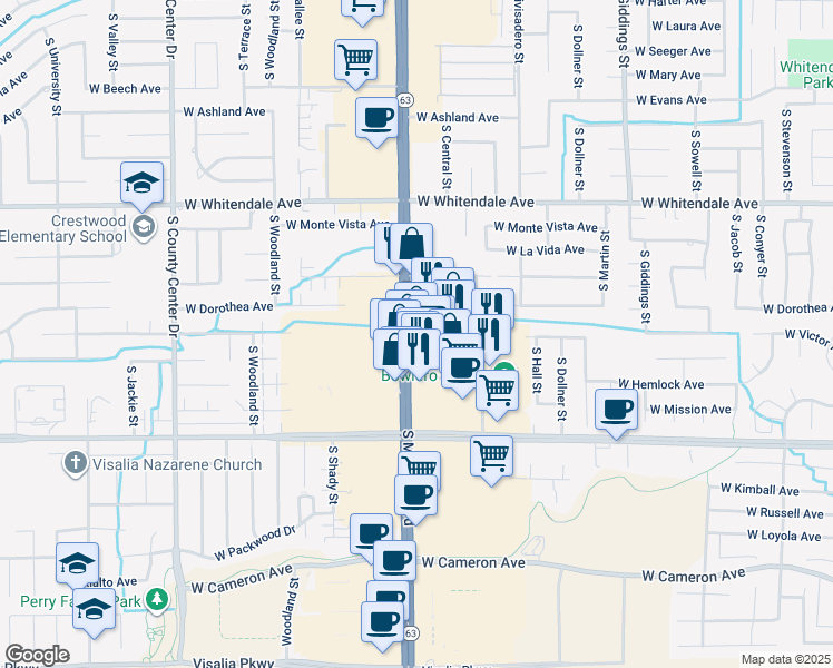 map of restaurants, bars, coffee shops, grocery stores, and more near 3252 South Mooney Boulevard in Visalia
