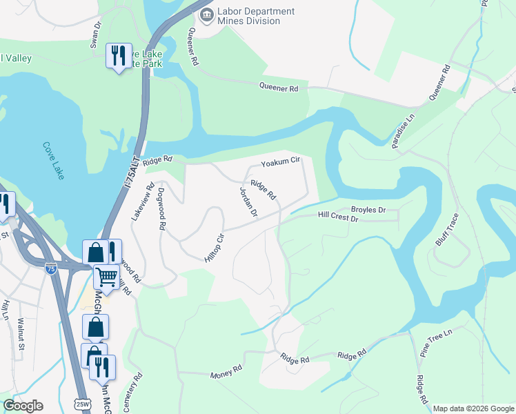 map of restaurants, bars, coffee shops, grocery stores, and more near 153 Jordan Drive in Caryville