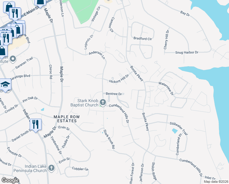 map of restaurants, bars, coffee shops, grocery stores, and more near 111 Bentree Drive in Hendersonville