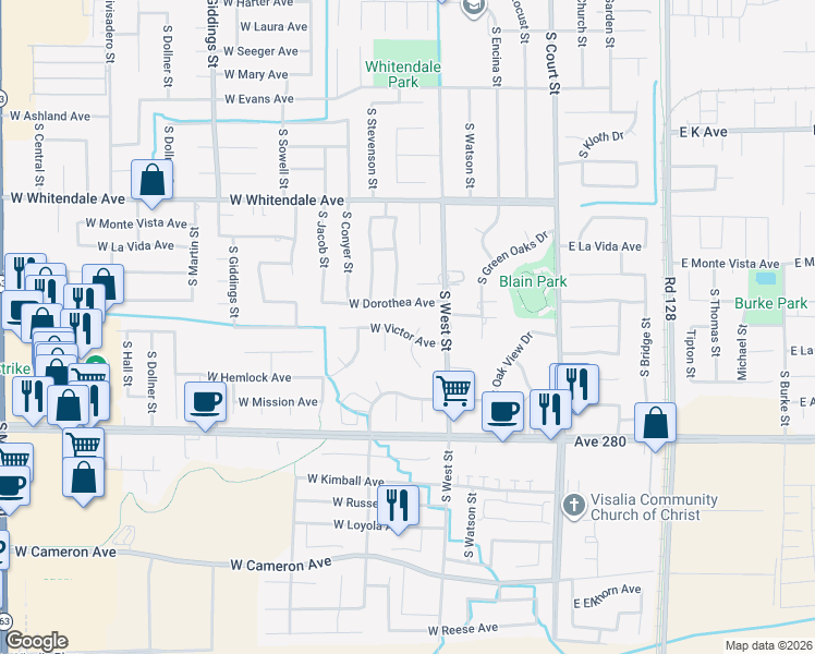 map of restaurants, bars, coffee shops, grocery stores, and more near 616 West Victor Avenue in Visalia