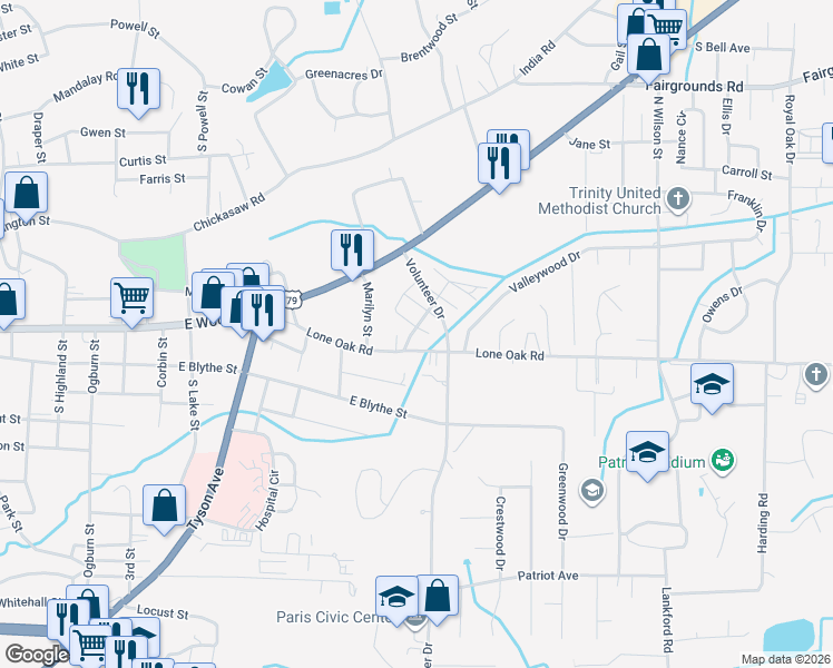 map of restaurants, bars, coffee shops, grocery stores, and more near 1202 5 Lone Oak Road in Paris