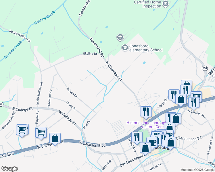 map of restaurants, bars, coffee shops, grocery stores, and more near 679 North Cherokee Street in Jonesborough