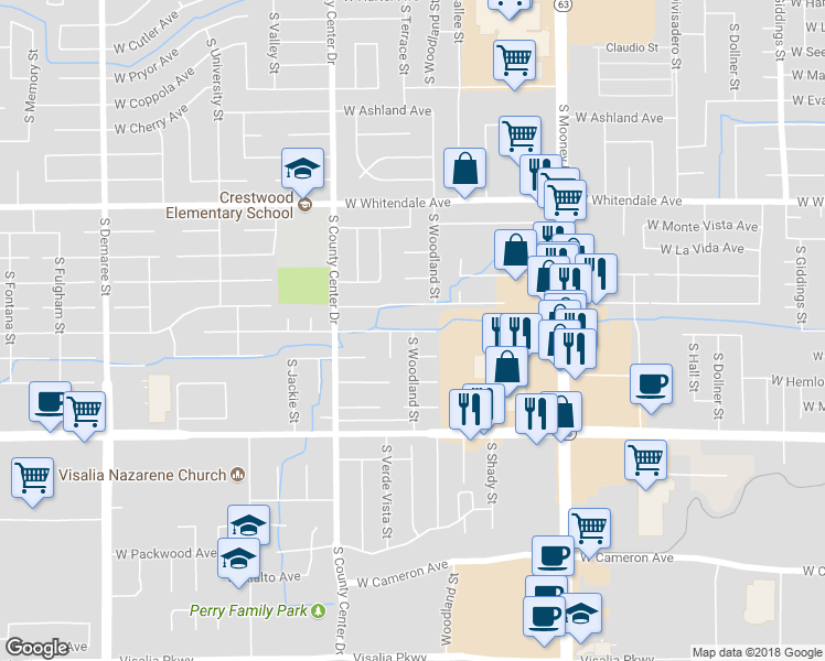 map of restaurants, bars, coffee shops, grocery stores, and more near 2548 West Victor Court in Visalia