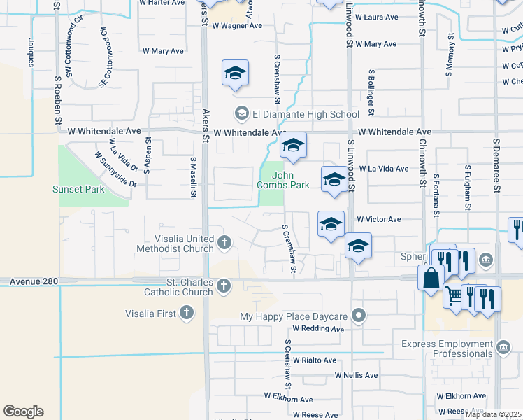 map of restaurants, bars, coffee shops, grocery stores, and more near 4950 West Victor Court in Visalia
