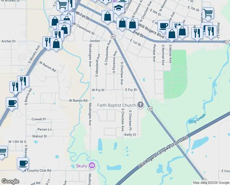 map of restaurants, bars, coffee shops, grocery stores, and more near 201 E Fry St in Claremore