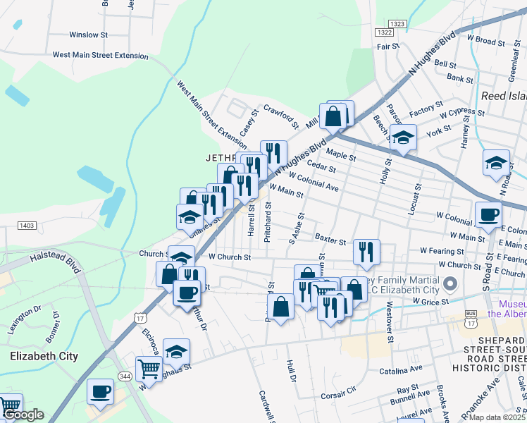 map of restaurants, bars, coffee shops, grocery stores, and more near 117 Pritchard Street in Elizabeth City