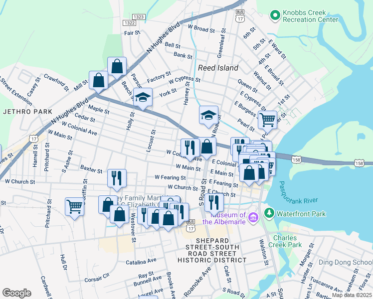 map of restaurants, bars, coffee shops, grocery stores, and more near 205 North Dyer Street in Elizabeth City