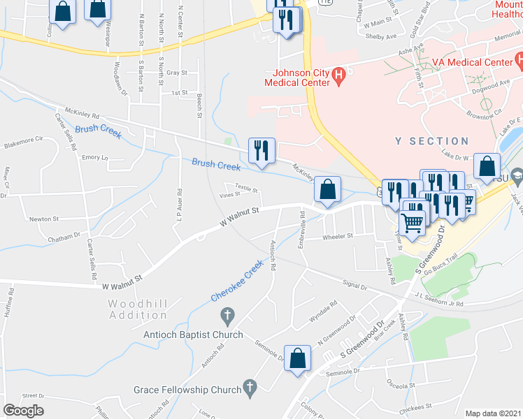 map of restaurants, bars, coffee shops, grocery stores, and more near W Walnut St & Textile St in Johnson City