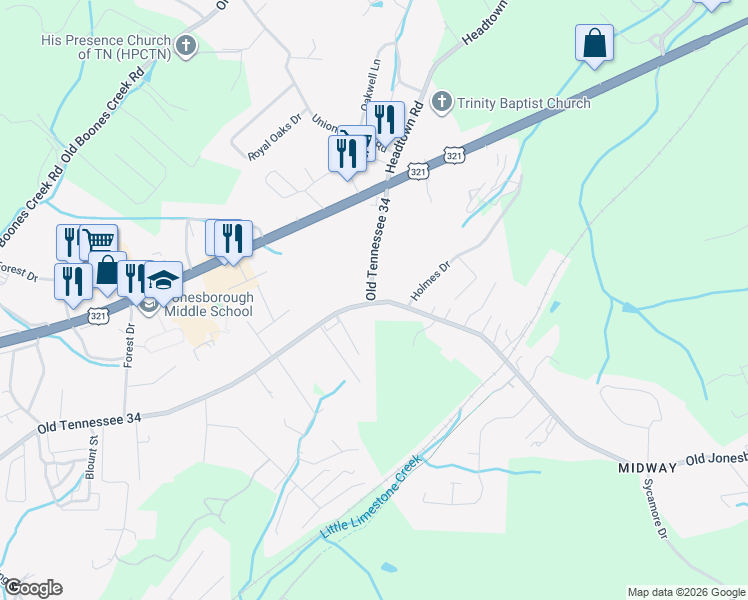 map of restaurants, bars, coffee shops, grocery stores, and more near 714 East Main Street in Jonesborough
