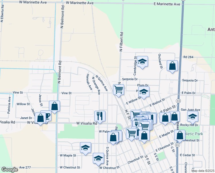 map of restaurants, bars, coffee shops, grocery stores, and more near 507 North Quince Avenue in Exeter