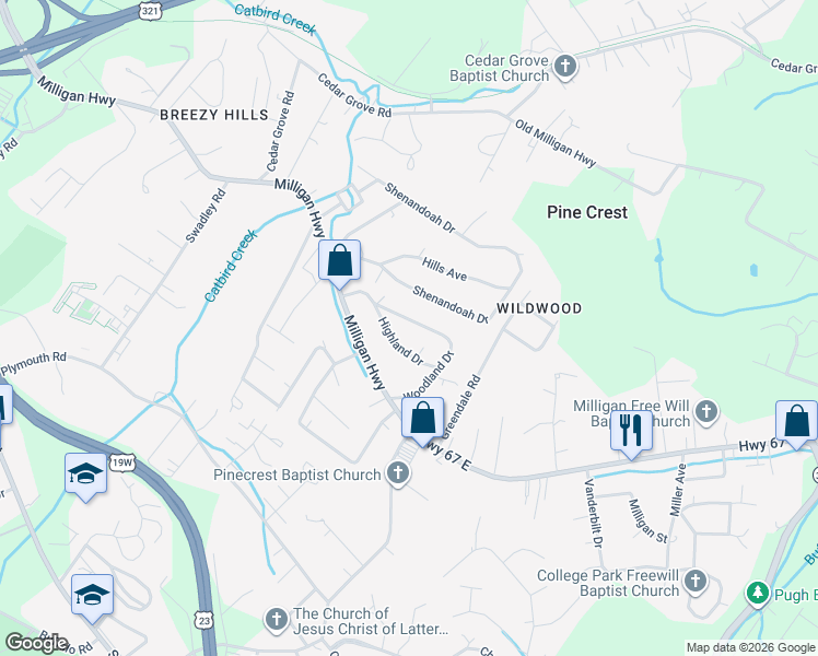 map of restaurants, bars, coffee shops, grocery stores, and more near 163 Woodland Drive in Johnson City