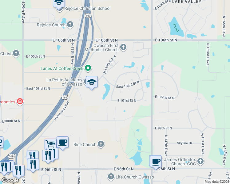 map of restaurants, bars, coffee shops, grocery stores, and more near 10221 North 140th East Avenue in Owasso
