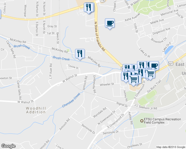 map of restaurants, bars, coffee shops, grocery stores, and more near 2501 West Walnut Street in Johnson City