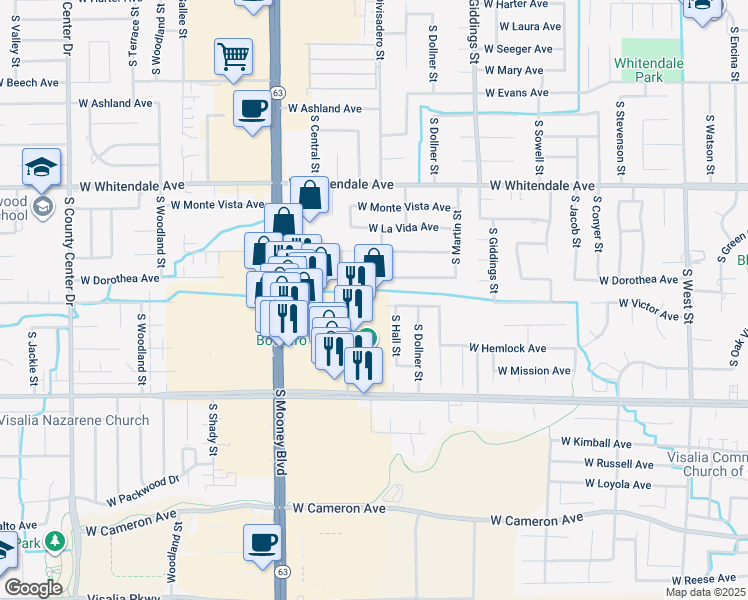 map of restaurants, bars, coffee shops, grocery stores, and more near 3330 South Fairway Street in Visalia