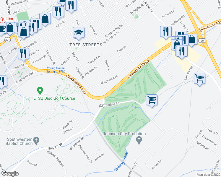 map of restaurants, bars, coffee shops, grocery stores, and more near 512 University Parkway in Johnson City