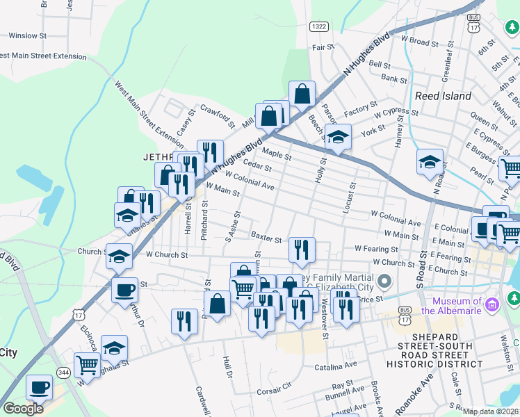 map of restaurants, bars, coffee shops, grocery stores, and more near 1008 Weeks Street in Elizabeth City