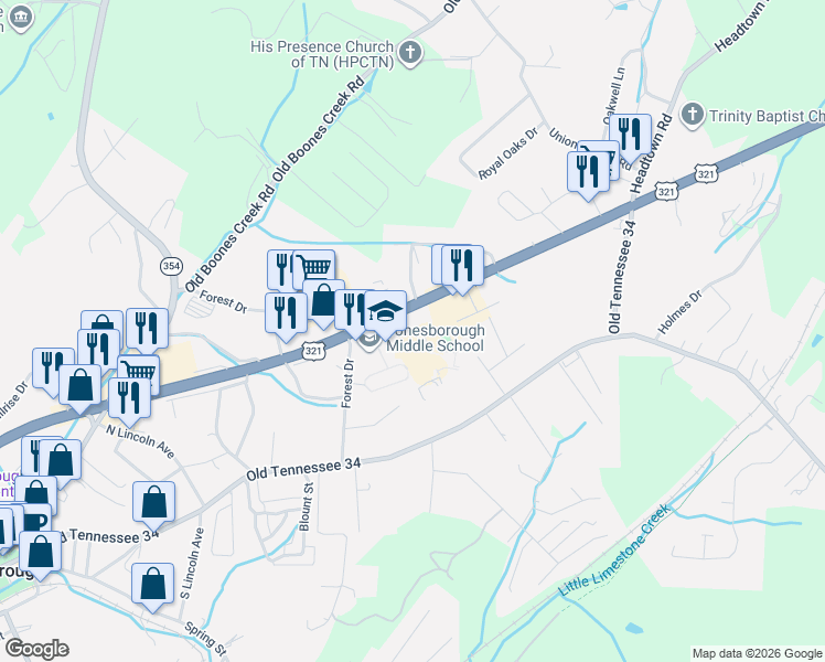 map of restaurants, bars, coffee shops, grocery stores, and more near East Jackson Boulevard in Jonesborough