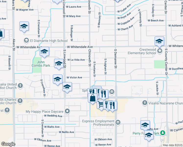 map of restaurants, bars, coffee shops, grocery stores, and more near 4027 West Victor Court in Visalia