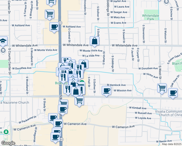 map of restaurants, bars, coffee shops, grocery stores, and more near 1606 West Victor Avenue in Visalia