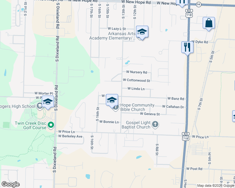 map of restaurants, bars, coffee shops, grocery stores, and more near 1210 West Banz Road in Rogers