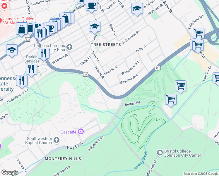 map of restaurants, bars, coffee shops, grocery stores, and more near 809 Magnolia Avenue in Johnson City