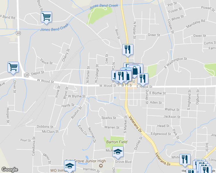 map of restaurants, bars, coffee shops, grocery stores, and more near 407 West Wood Street in Paris