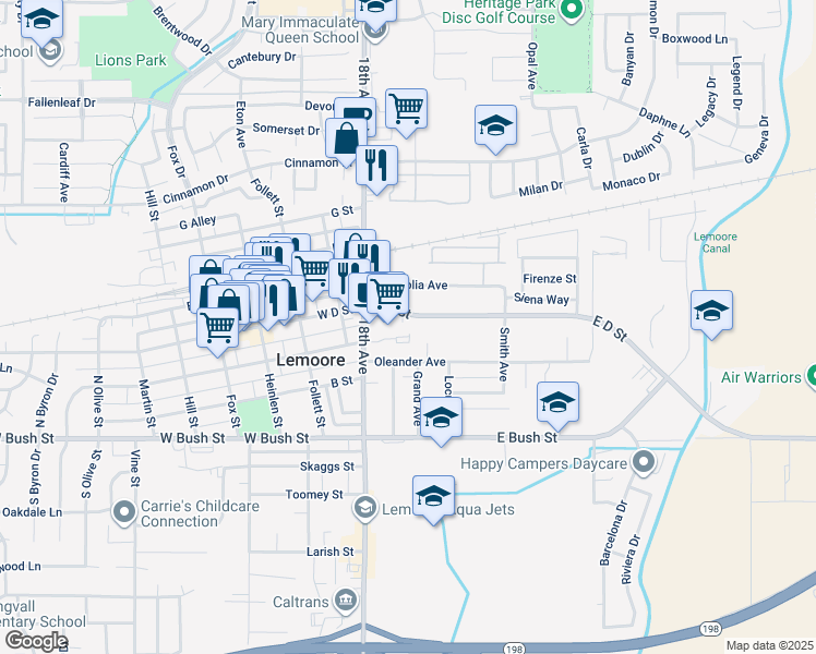 map of restaurants, bars, coffee shops, grocery stores, and more near 55 East D Street in Lemoore