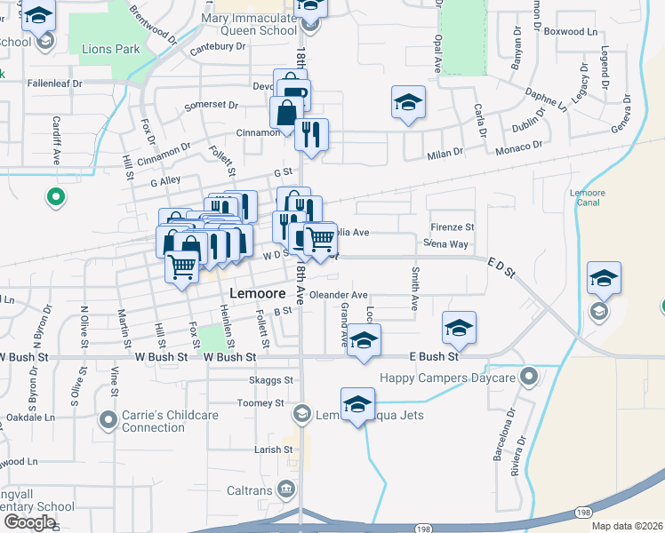 map of restaurants, bars, coffee shops, grocery stores, and more near 55 East D Street in Lemoore