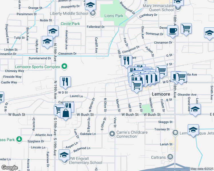 map of restaurants, bars, coffee shops, grocery stores, and more near 333 North Olive Street in Lemoore