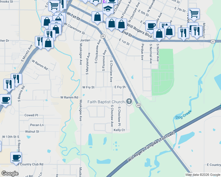 map of restaurants, bars, coffee shops, grocery stores, and more near 706 South Choctaw Avenue in Claremore