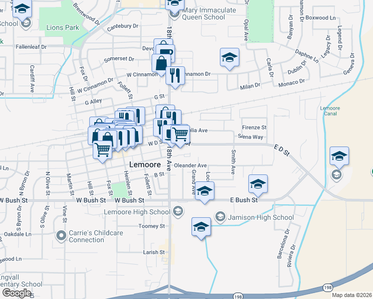 map of restaurants, bars, coffee shops, grocery stores, and more near 55 East D Street in Lemoore