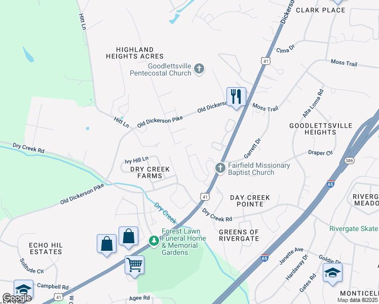 map of restaurants, bars, coffee shops, grocery stores, and more near 92 Rolling Meadows Drive in Goodlettsville
