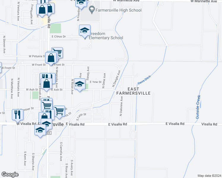 map of restaurants, bars, coffee shops, grocery stores, and more near 564 North Dwight Avenue in Farmersville