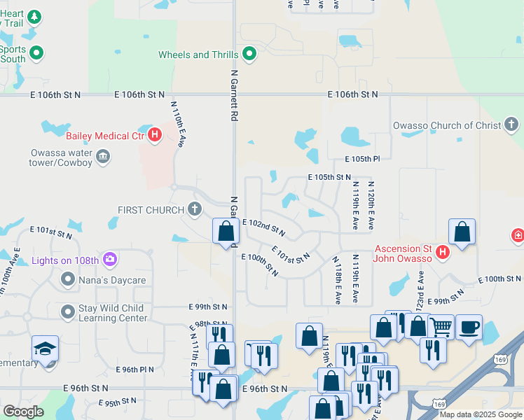 map of restaurants, bars, coffee shops, grocery stores, and more near 11113 East 103rd Street North in Owasso