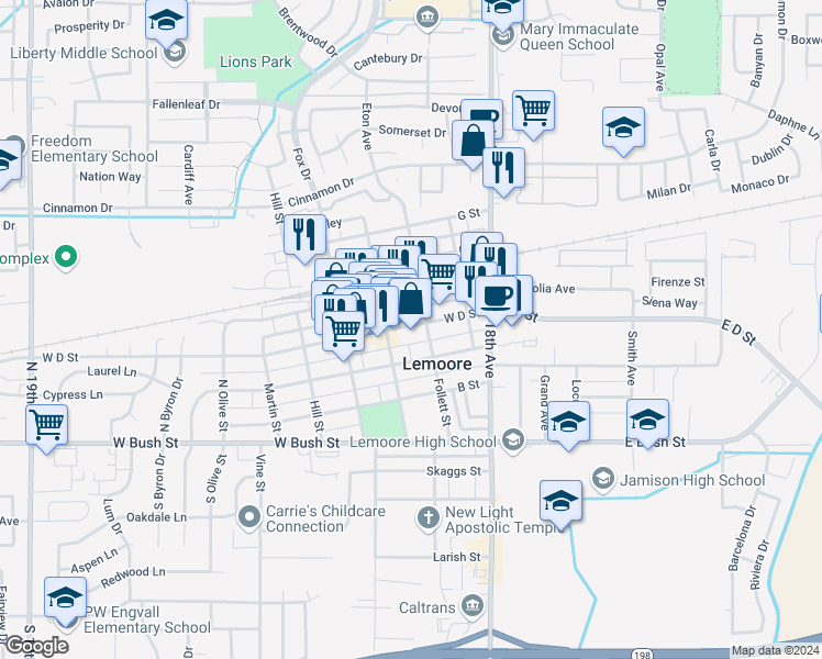 map of restaurants, bars, coffee shops, grocery stores, and more near 243 West D Street in Lemoore