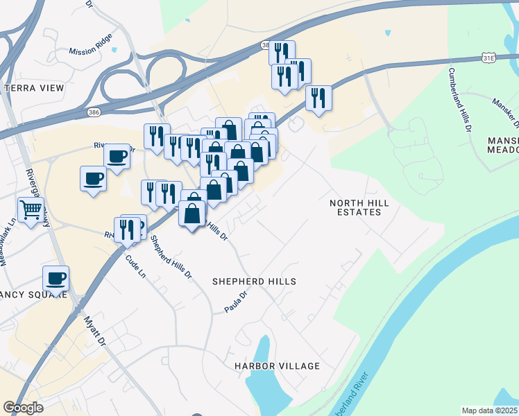 map of restaurants, bars, coffee shops, grocery stores, and more near 902 Churchill Crossing in Nashville
