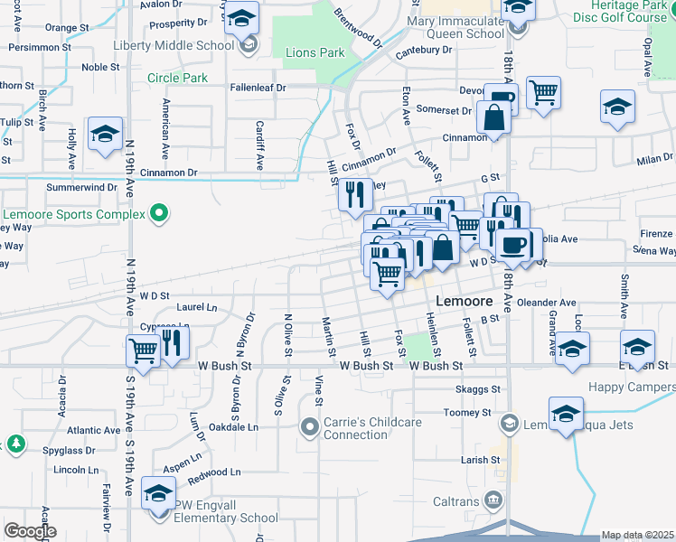 map of restaurants, bars, coffee shops, grocery stores, and more near 510 West D Street in Lemoore
