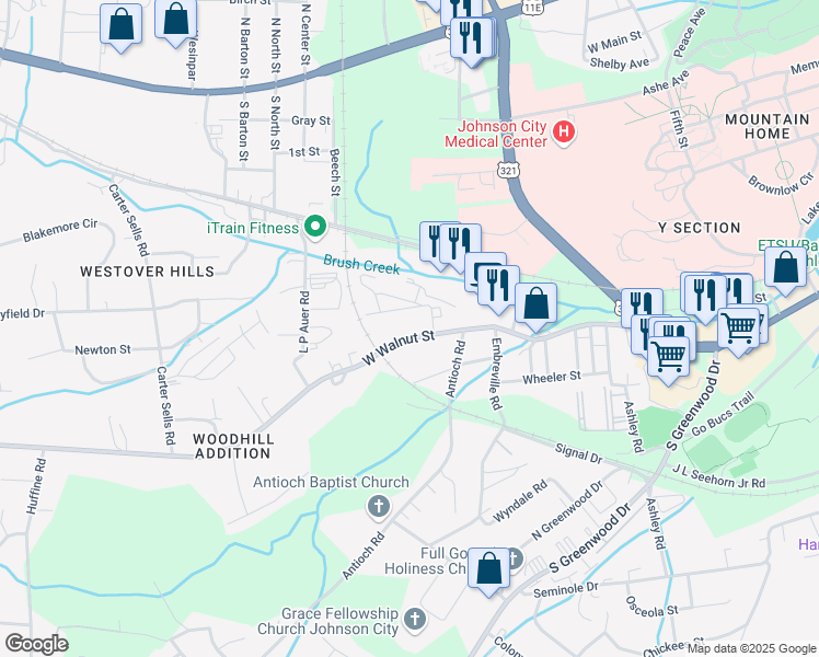 map of restaurants, bars, coffee shops, grocery stores, and more near 2711 West Walnut Street in Johnson City