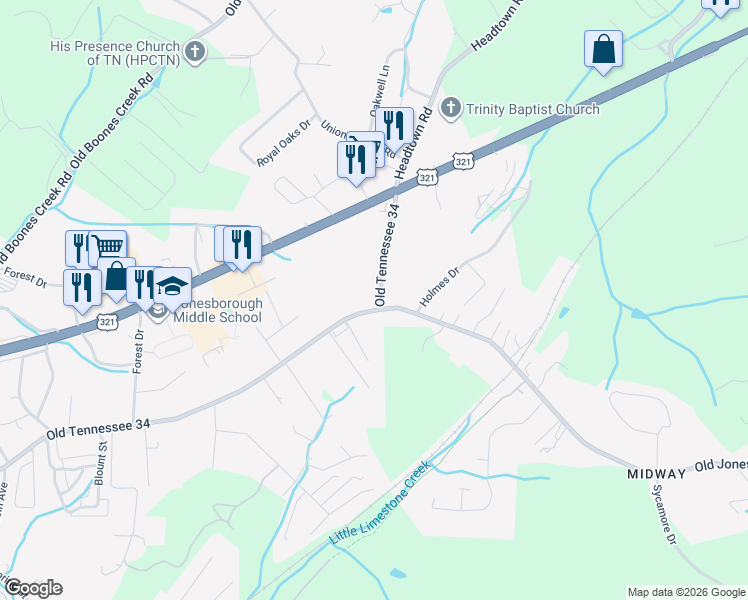 map of restaurants, bars, coffee shops, grocery stores, and more near 714 East Main Street in Jonesborough