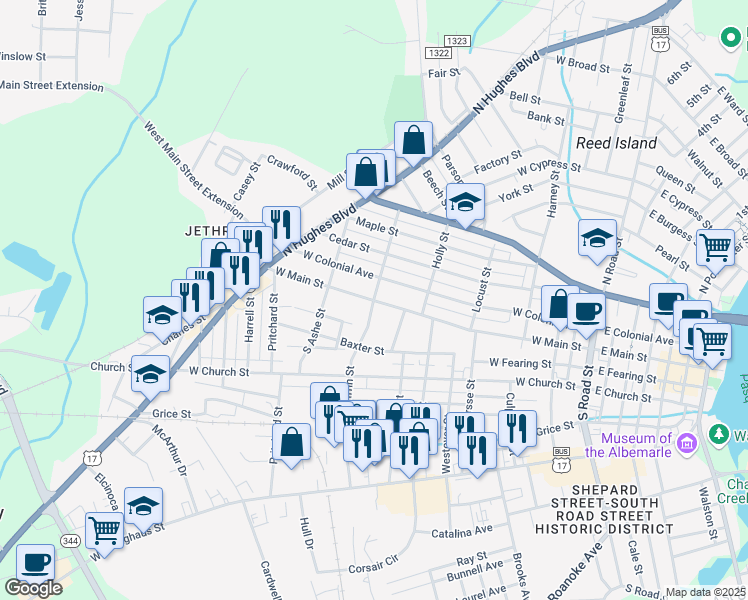 map of restaurants, bars, coffee shops, grocery stores, and more near 101 North Griffin Street in Elizabeth City