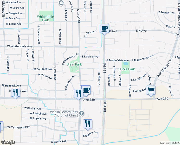 map of restaurants, bars, coffee shops, grocery stores, and more near 203 East Dorothea Court in Visalia